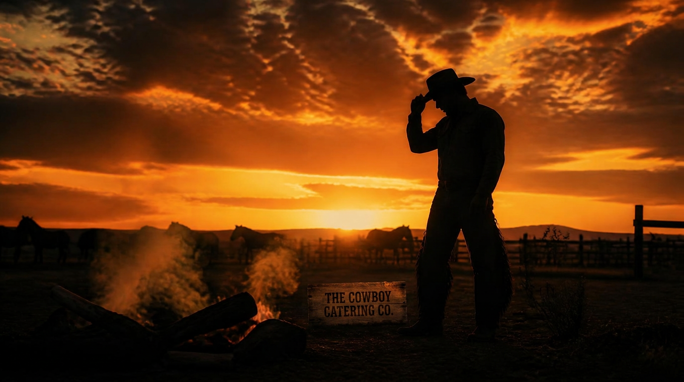 A cowboy tipping his hat against a blazing ranch sunset