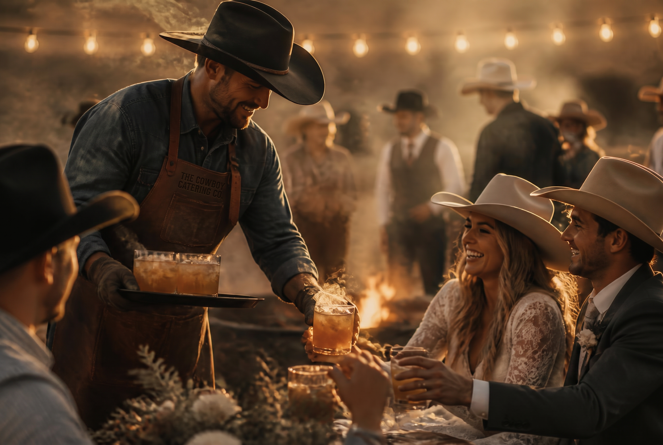 A cowboy in a leather apron serving smoked cocktails to laughing guests at a golden hour ranch wedding