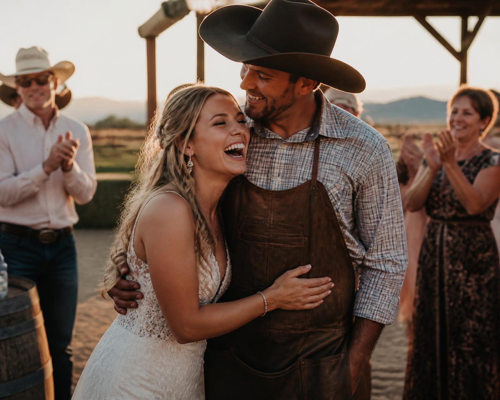 A bride hugging the cowboy at her reception